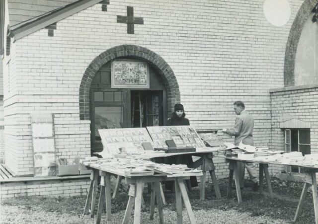 Metropolitan Laurus Selling the monastery`s books and icons on Pentecost. C. 1956 (