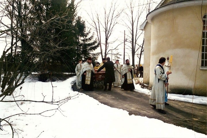 Funerals at Novo Diveevo Convent. Feb. 18, 1995. Clergy from Australia accompany their archpastor to his last place of rest