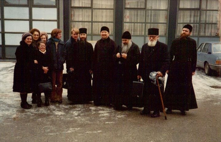 Bishop Pavel departing for Australia. From right to left: Novice Stefan Weerts, Fr. Maksim (Prodanovich), Fr. Feodor (Golitsyn), Bishop Mark, Michael Rahr, and other whom we could not identify. Munich-Reim, Dec., 1980