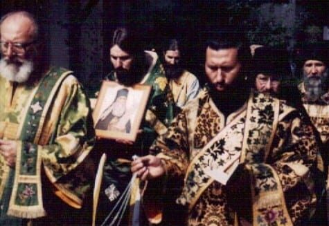 Left: Fr. John at St. Paissy (Velichkovskii)'s canonization. St. Elijah's Skete. Mount Athos. 1992. Photo: Monk Benjamin