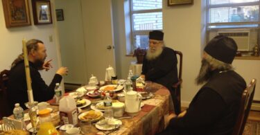 Fr. Luke, Rector of HTS (center) discussing matters of ecclesiastical education with Fr. Pavel (left) and Fr. Roman (right) from Kazan Academy