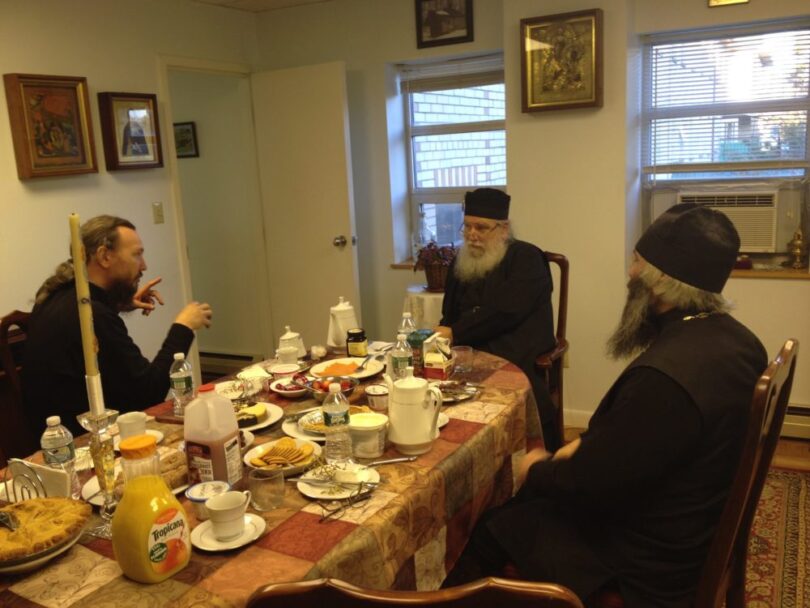 Fr. Luke, Rector of HTS (center) discussing matters of ecclesiastical education with Fr. Pavel (left) and Fr. Roman (right) from Kazan Academy