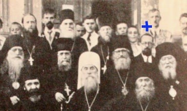 R.P. Grabbe is marked with a cross in the photograph in front of the Russian Orthodox Church, Sremsky, Karlovtsy. 1938