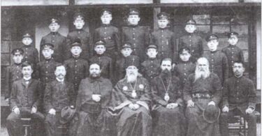 Seminarians with Archbishop Nicholas in the monastic headgear and Bishop Sergii