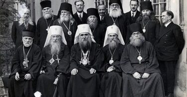 Bishop Council 1935 that restored communion within in the Russian emigre Church. Metropolitan Varnava, future patriarch is in the center