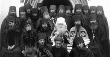 Metropolitan Anthony (Khrapovitsky) with the brotherhood of the Milkovo Monastery in Serbia. At the right hand of Metropolitan: Schema Archimandrite Ambrose (Kurganov), Hieroschemamonk Mark, Hieromonk Callistus. On the left: Bishop Tikhon (Troitsky, later Archbishop of San Francisco and Western America) and Archimandrite Theodosius, behind him the extreme left is the Hieormonk John (Maximovich, later Archbishop of San Francisco), and next to him Hieromonk Anthony (Sinkevich, later Archbishop of Los Angeles). In the lower left row in the center sits the novice Artemy (Medvedev, later Archbishop Anthony of San Francisco)