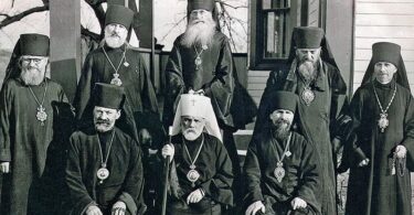 Bishops of North American Metropolia Bishops Makarii (Il'inskii),Leontii (Turkevich), Ieronim (Chernov), Arsenii (Chagovtsev), Veniamin (Basalyga); Sitting: Archb. Adam (Filipovskii), Metrop. Theophil (Pashkovskii), Archb. Vitaly (Maksimenko)