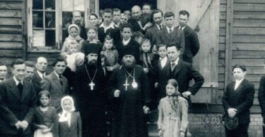 Bishop Leonty (Filipovich), on the right, is visiting the Russian Orthodox camp Fishbek, organized by Fr. Vitaly (Oustinov), on the left, near Hamburg. 1946