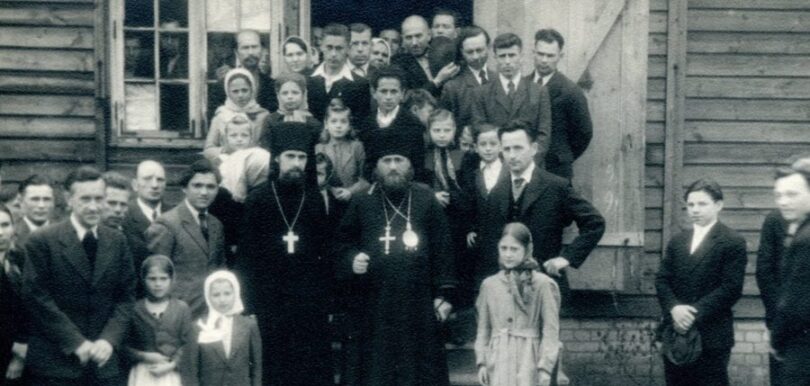Bishop Leonty (Filipovich), on the right, is visiting the Russian Orthodox camp Fishbek, organized by Fr. Vitaly (Oustinov), on the left, near Hamburg. 1946