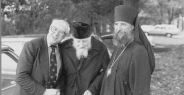 Protopresbyter Michael Pomazansky in the center, an alumnus of Kiev Theological Academy and an exceptional representative of the Jordanville Seminary. M.Rostropovich on the left and Bp. Laurus on the right.