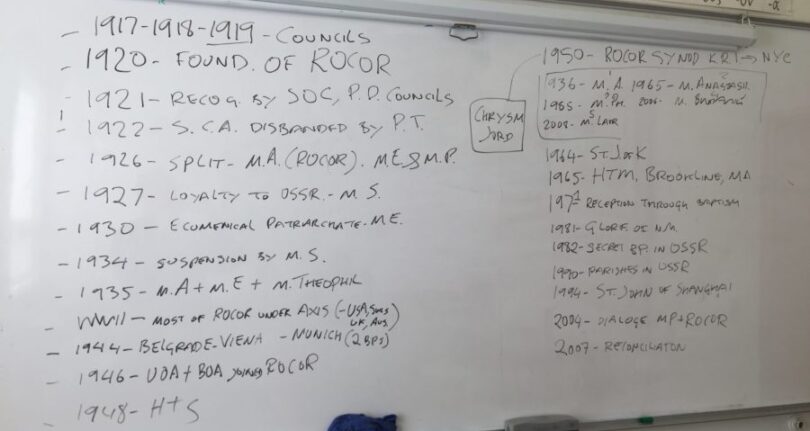 The chronology of the ROCOR on the whiteboard in Holy Trinity Seminary, Jordanville NY