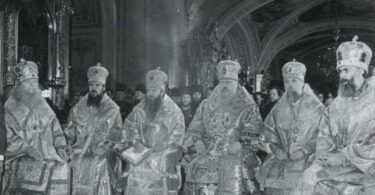 Newly elected Patriarch Pimen the second from the right at All-Russia Local Council of 1971 in Holy Trinity St. Sergius Lavra