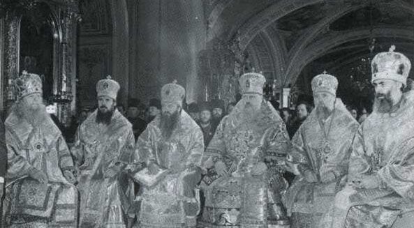 Newly elected Patriarch Pimen the second from the right at All-Russia Local Council of 1971 in Holy Trinity St. Sergius Lavra