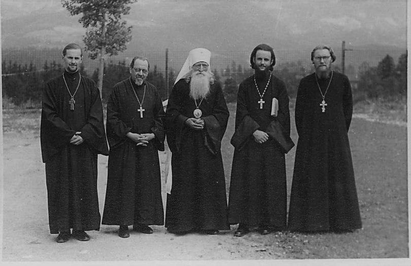 Fr. Alexander Schmemann, Fr. Vasily Zenkovsky, Metropolitan Seraphim (Lade) of Berlin, Fr. George Benigsen, Fr. Dimitri Gisetti. At the conference of the Russian Christian Student Movement Berchtesgaden (Munich area), 1949. Source: Archpriest A. Schmeman, Dnevniki [Journals]