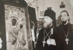 Bishop John (Garklavs) and Fr. Alexis Ionoff with Tikhvin icon of the Mother of God in Canada. Spring 1950