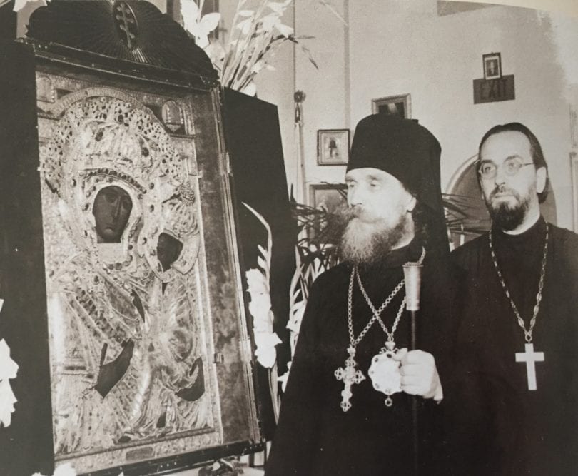 Bishop John (Garklavs) and Fr. Alexis Ionoff with Tikhvin icon of the Mother of God in Canada. Spring 1950